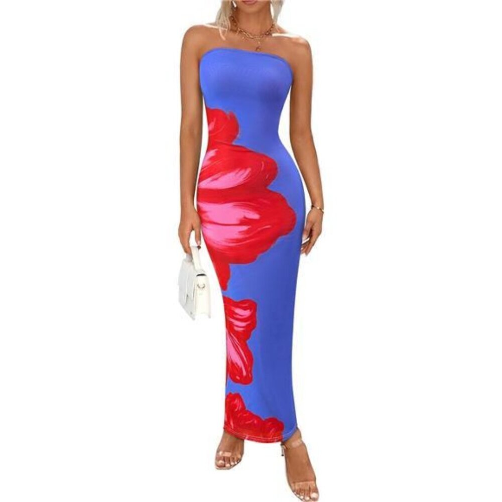 Women Summer Strapless Maxi Dress Sky Blue Red Floral